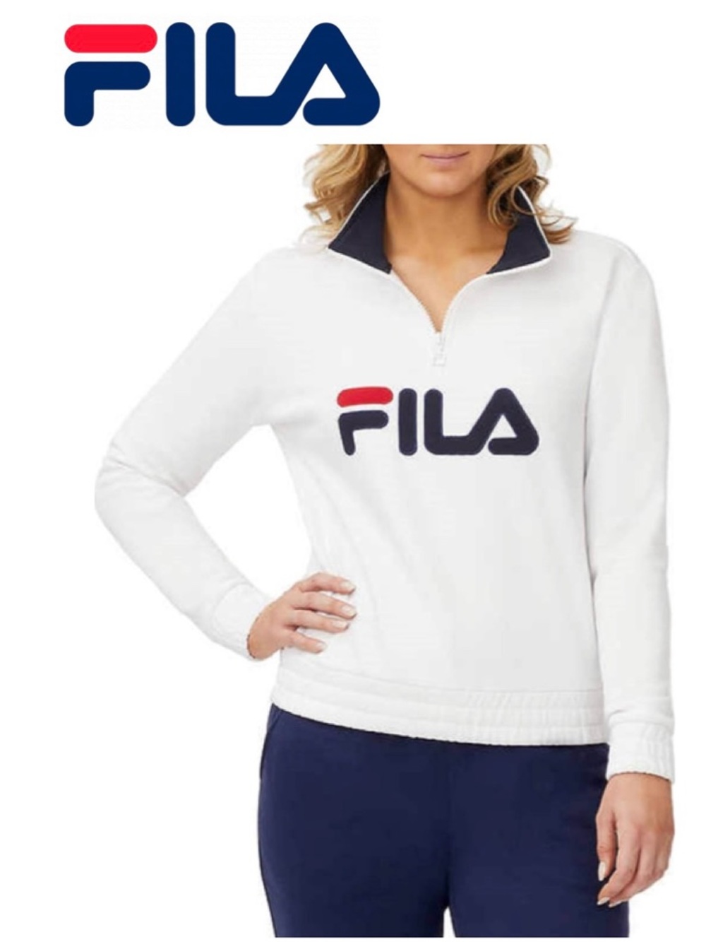 FILA White Quarter Zip Logo Sweatshirt Athleisure Gym Training Chic Comfy Wmn S